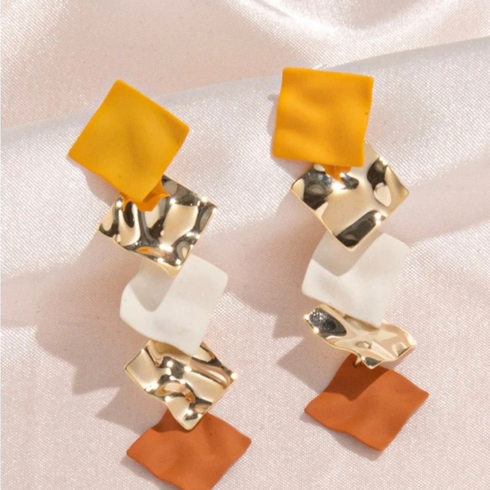 Geometric color block earrings dangle long earrings yellow orange gold